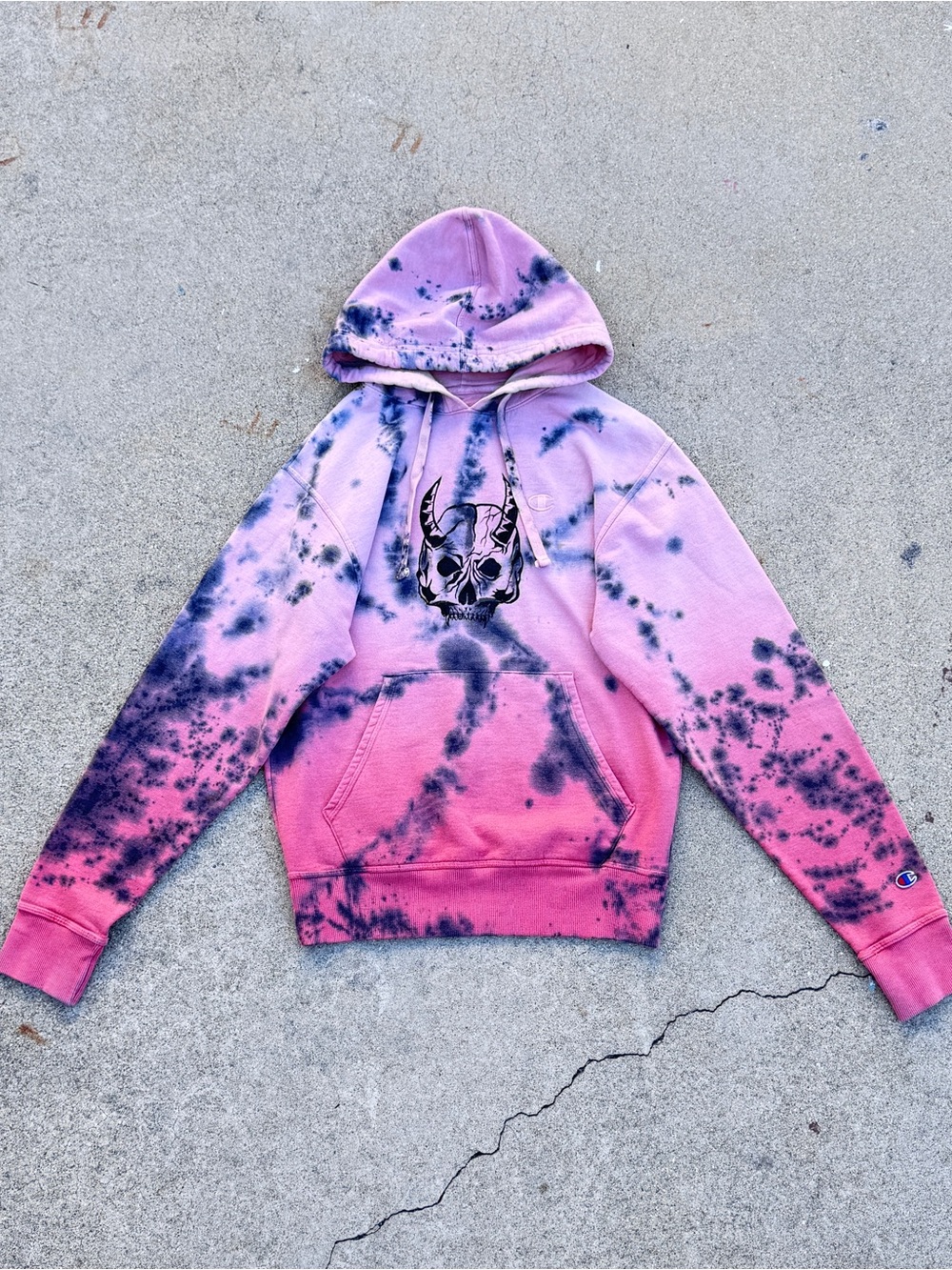 Custom Bleach Dye Champion Hoodie | Pink/Purple Skull Graphic